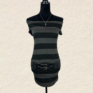 Bella d y2k Striped Off-Shoulder Dress with Buckle Belt